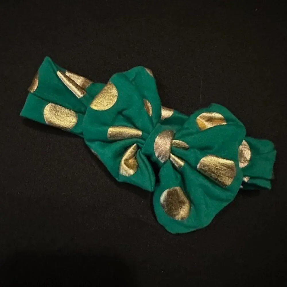 Green & Gold Dot Bow Tie Cotton Headband  HB999  Handmade NWT Boutique